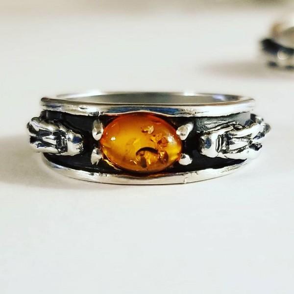 Double Dragon Amber Ring, Sterling