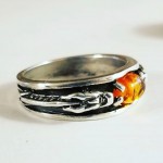 Double Dragon Amber Ring, Sterling