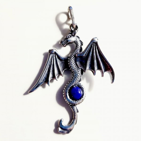 Mystic Dragon & Lapis Pendant, Sterling