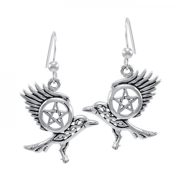 Raven Pentagram Earrings, Sterling