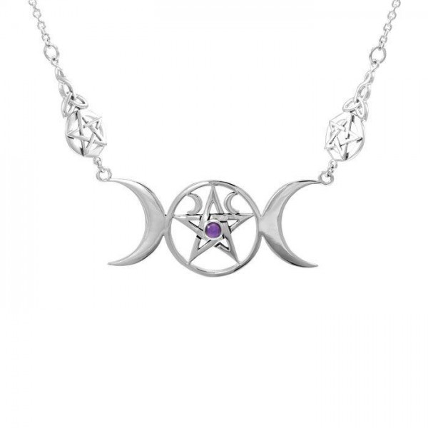 Triple Moon Pentagram Necklace, Amethyst