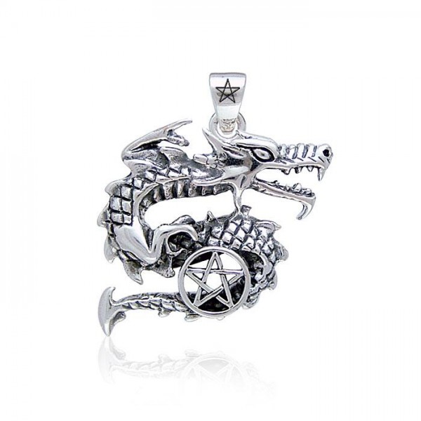 Curled Dragon & Pentagram Pendant, Sterling
