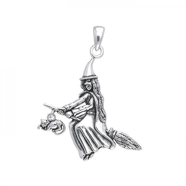 Witch on Broomstick Pendant, Sterling