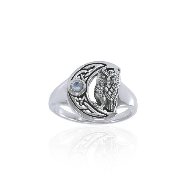 Moonstone Owl Moon Ring, Sterling Moonstone Owl Moon Ring, Sterling