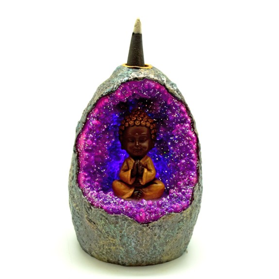 Brûleur d’encens à flux arrière en cristal Geode Buddha Brûleur d’encens à flux arrière en cristal Geode Buddha