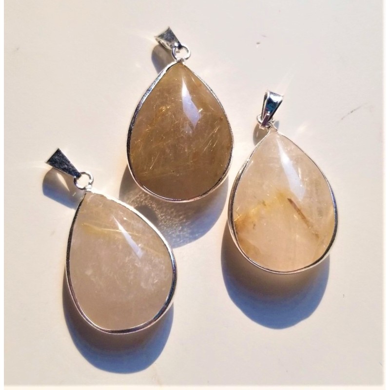 Pendentif en goutte d’eau en quartz rutilé doré