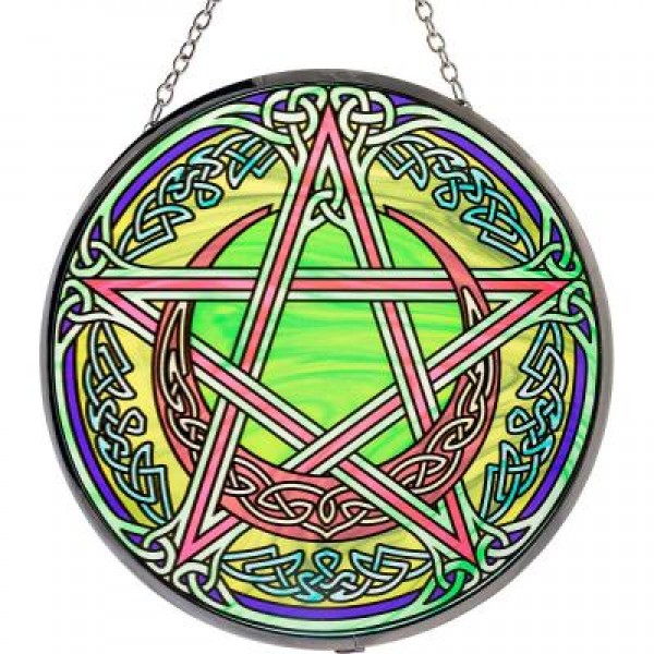 Celtic Moon Pentacle Stained Glass Hanging