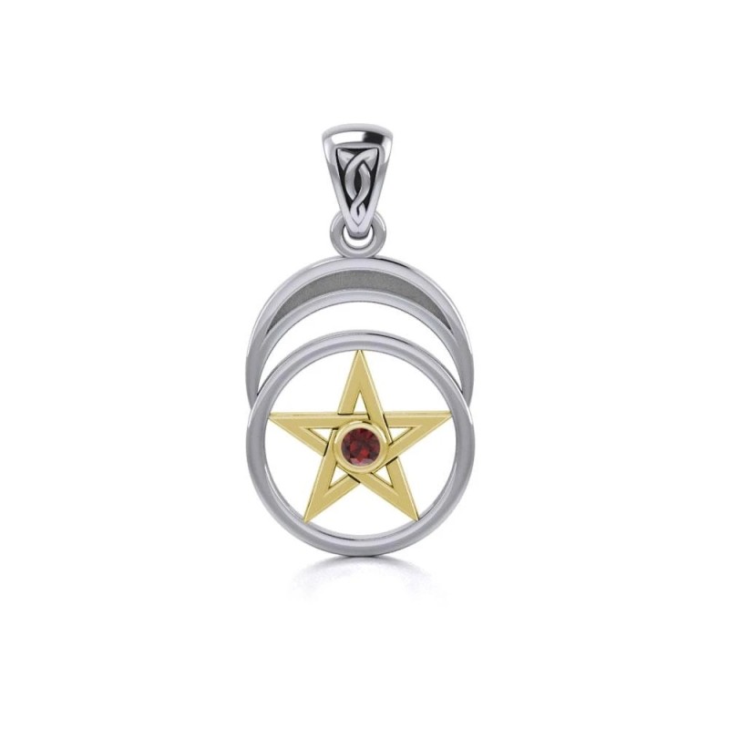 Crescent Moon Garnet Pentacle, Sterling Pendant