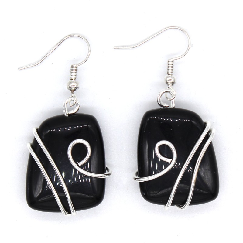 Black Agate Earrings, Silver Wrapped Black Agate Earrings, Silver Wrapped