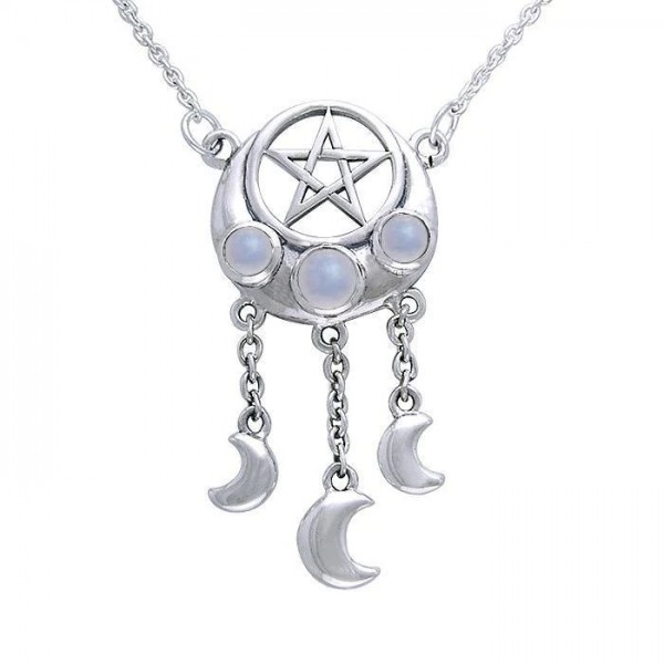 Silver Pentacle Moon Necklace, Moonstone