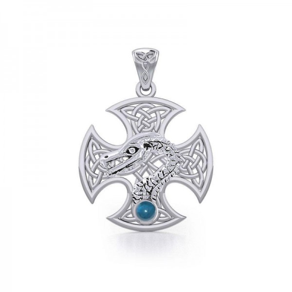 Pendentif de croix du dragon celtique, topaze bleue
