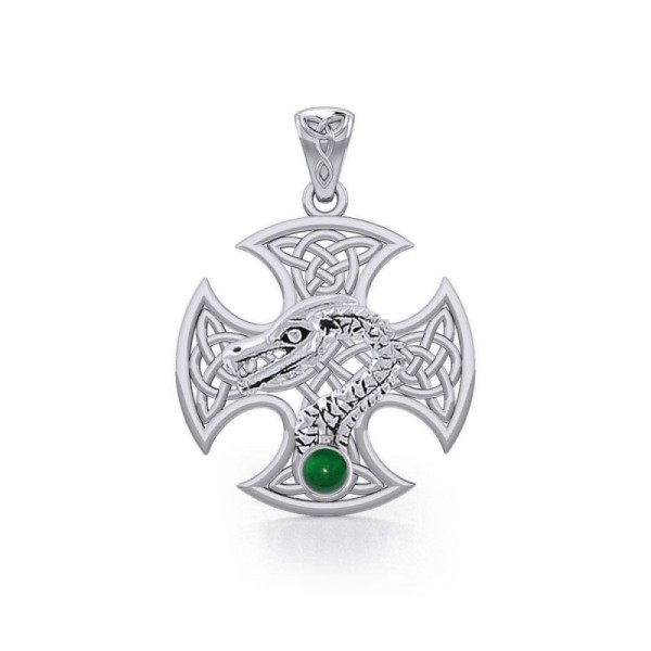 Celtic Dragon Cross Pendant, Emerald Glass