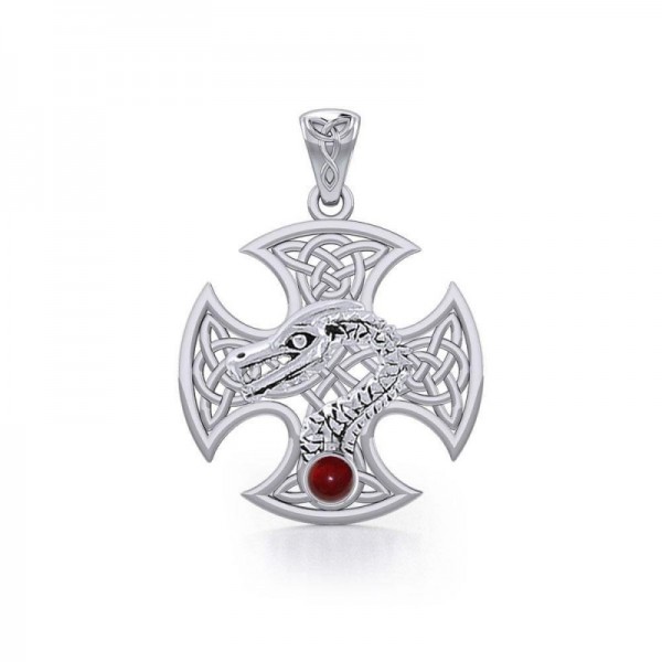Celtic Dragon Cross Pendant, Garnet