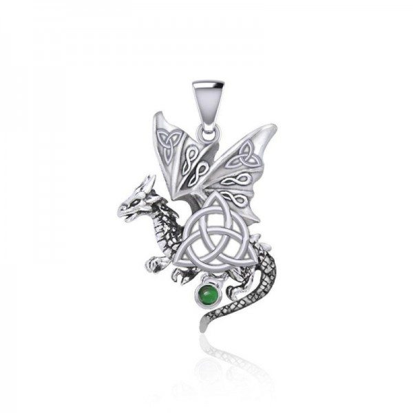 Dragon Triquetra Pendant, Sterling & Emerald Glass
