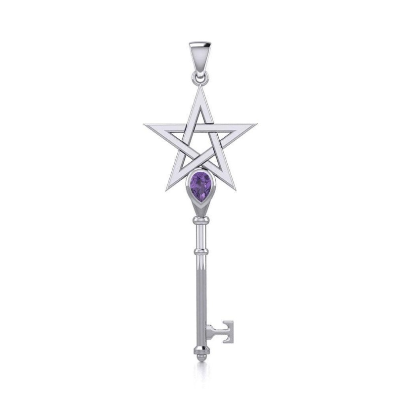 Pendentif clé Pentagramme, Sterling & Améthyste Pendentif clé Pentagramme, Sterling & Améthyste