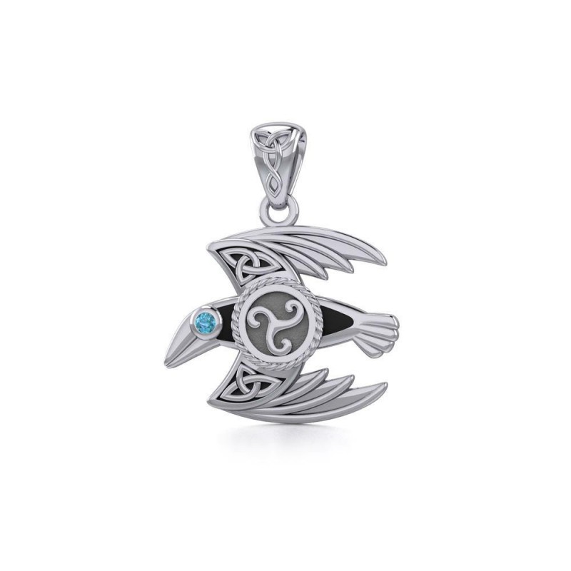 Pendentif Corbeau aux yeux de cristal, topaze bleue