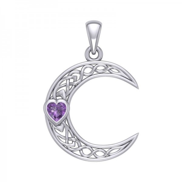 Crescent Moon with Heart Pendant, Amethyst