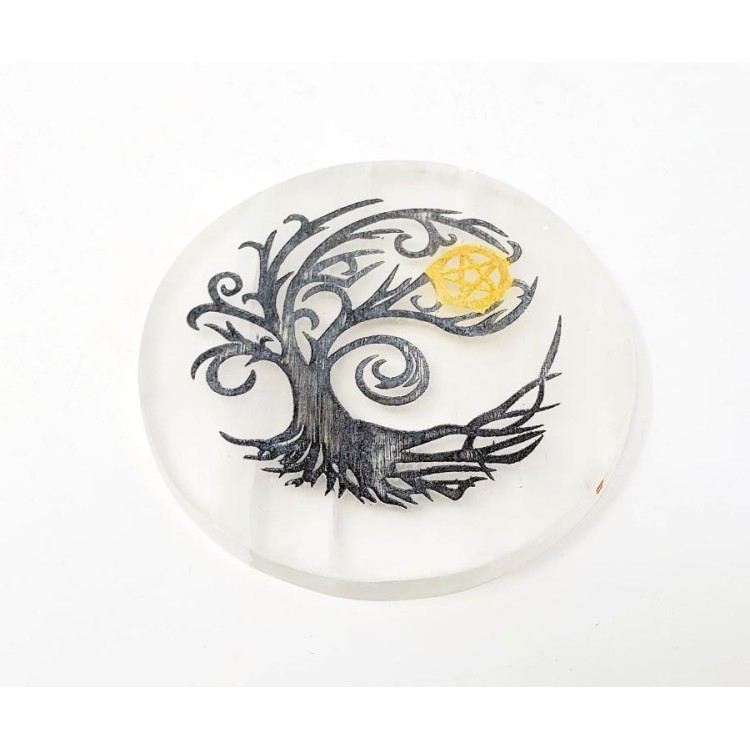 Tree Of Life Pentacle Altar Tile, Selenite Tree Of Life Pentacle Altar Tile, Selenite