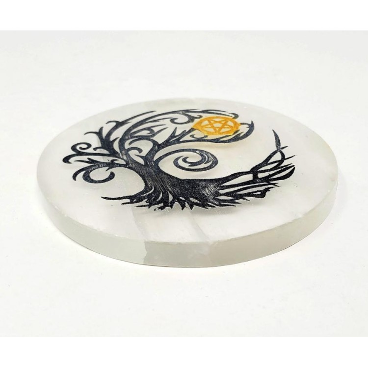 Tree Of Life Pentacle Altar Tile, Selenite Tree Of Life Pentacle Altar Tile, Selenite