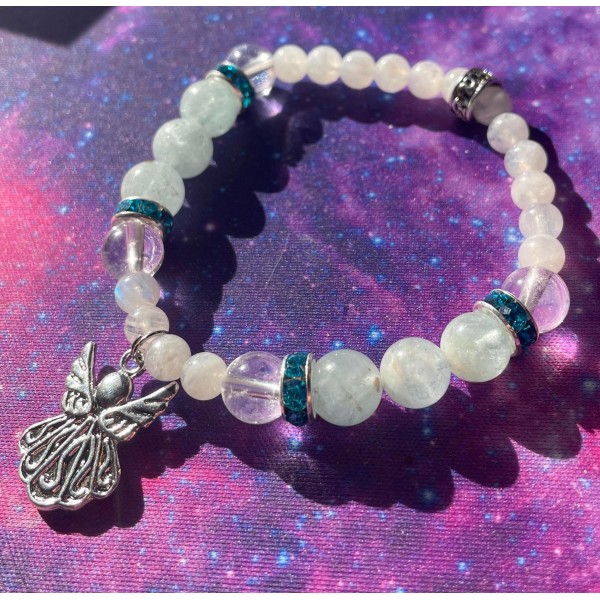 Aquamarine, Moonstone & Quartz Angel Bracelet