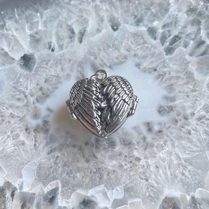 Angel Wing Heart Locket, Sterling