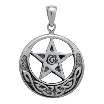 Crescent Moon Pentacle Pendant - Sterling Silver