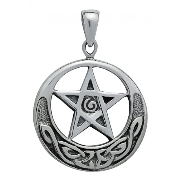 Crescent Moon Pentacle Pendant - Sterling Silver