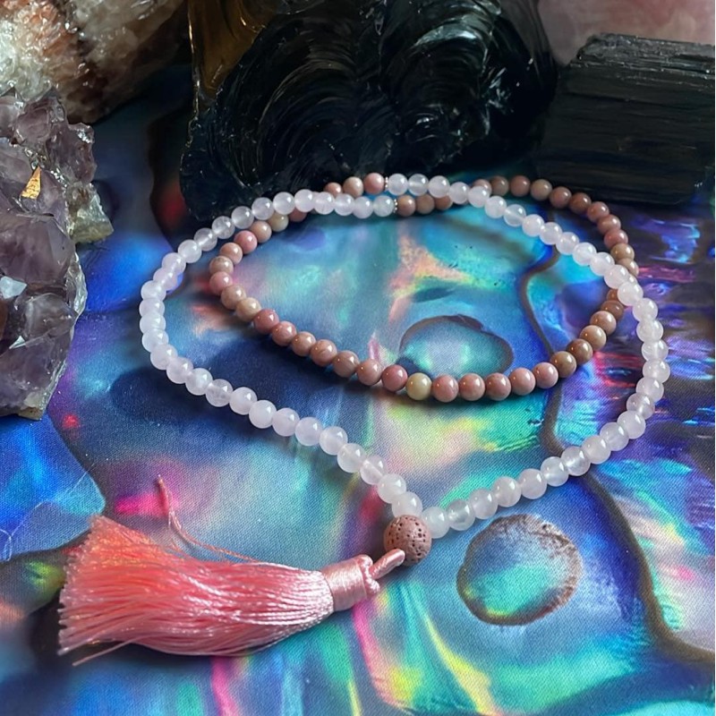 Perles de prière (mala) : Quartz rose et rhodonite Perles de prière (mala) : Quartz rose et rhodonite