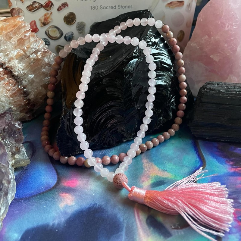 Perles de prière (mala) : Quartz rose et rhodonite Perles de prière (mala) : Quartz rose et rhodonite