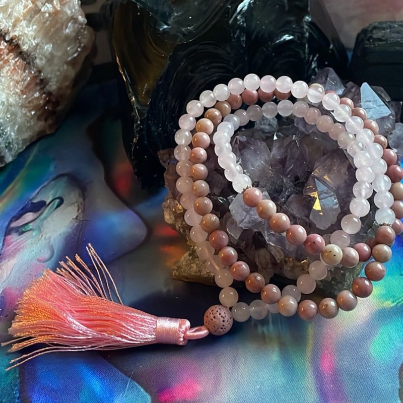 Perles de prière (mala) : Quartz rose et rhodonite Perles de prière (mala) : Quartz rose et rhodonite