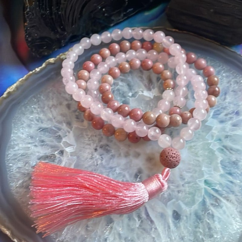Perles de prière (mala) : Quartz rose et rhodonite Perles de prière (mala) : Quartz rose et rhodonite