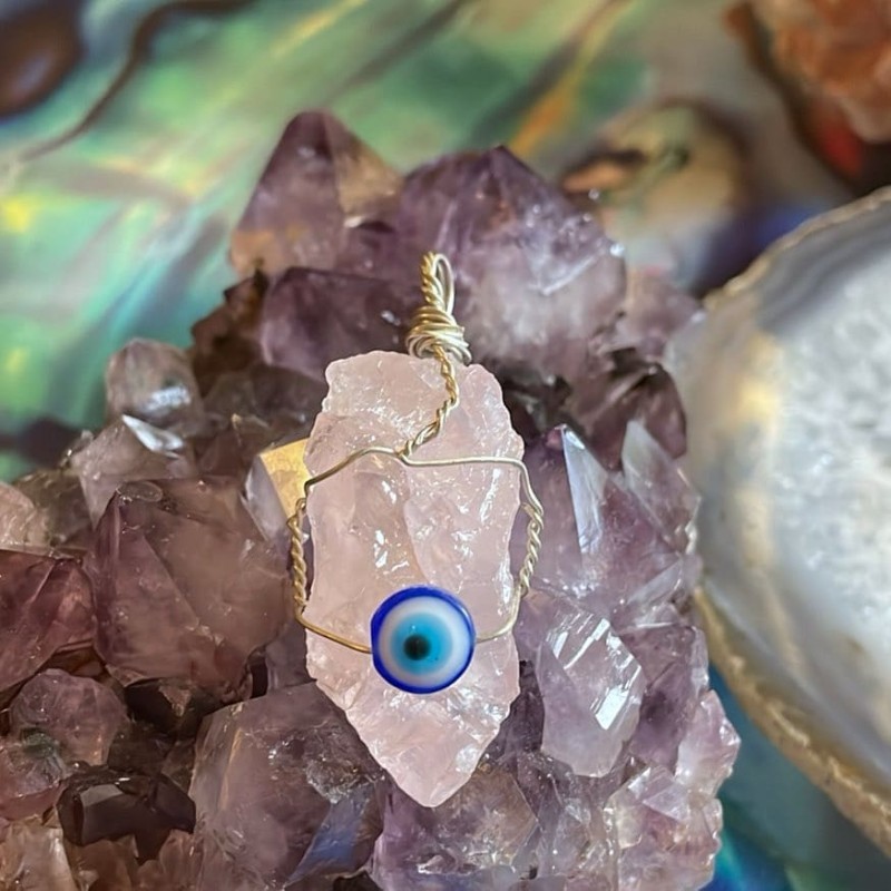 Evil Eye Crystal Pendant, Rose Quartz