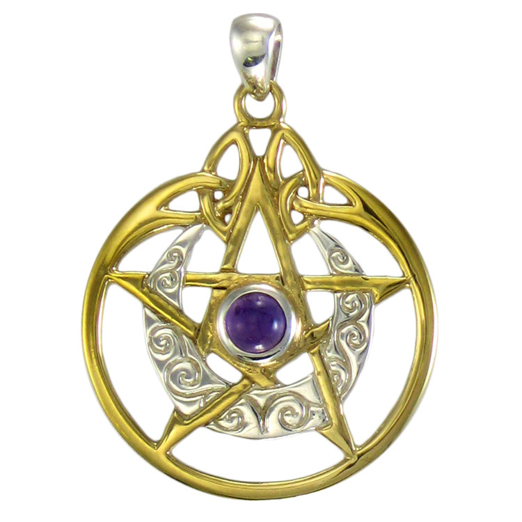 Pendentif Pentacle Lune - Argent, Or, Améthyste Pendentif Pentacle Lune - Argent, Or, Améthyste