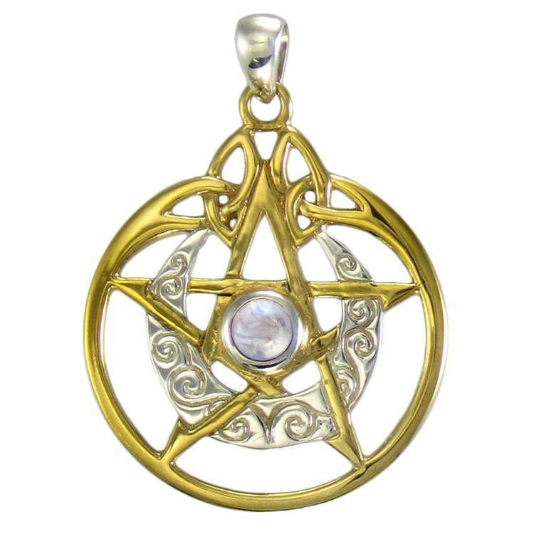 Pendentif Pentacle Lune - Argent, Or & Pierre de Lune Arc-en-ciel Pendentif Pentacle Lune - Argent, Or & Pierre de Lune Arc-en-ciel